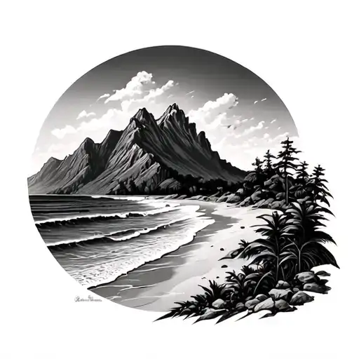 Mountain Range With Beach Scene