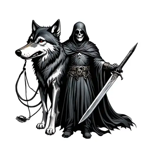 Grim Reaper Holding Sword In Right Hand And Leash Of Wolf In His Left Hand