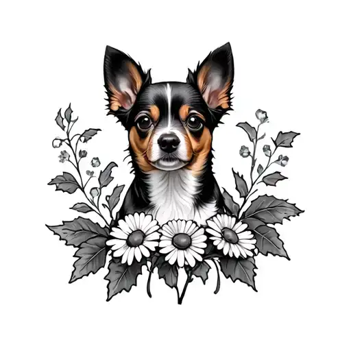 Minipin Dog With Ivy Plant And Marguerites