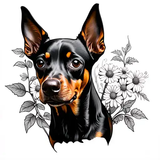 Pinscher Dog With Ivy Plant And Marguerites
