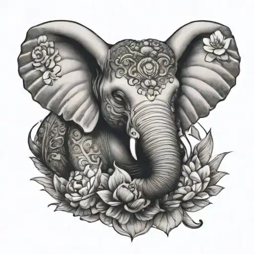 A Powerful Buddha Elephant Adorned With Delicate Kuala Bear Motifs And Lotus Flowers