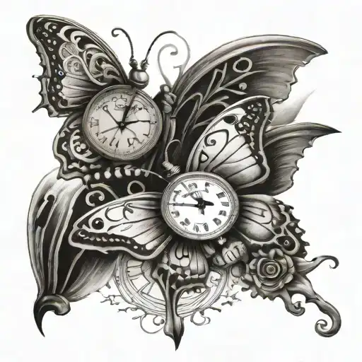 Two Butterfly With Clock And Placeholder For Two Names