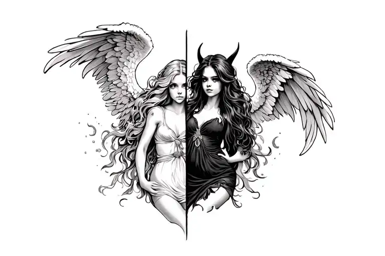 Split Image Of Girl Thats Angel And Devil With Wings And The Apocalpyse In The Background