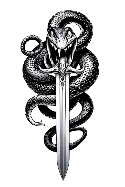 Snake Hissing And Sword Tattoo Design