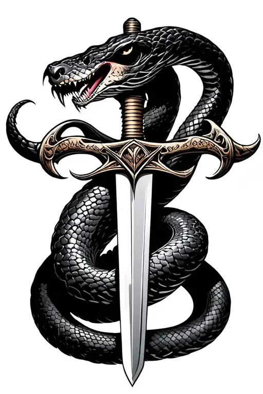 Snake Hissing And Sword Tattoo Design