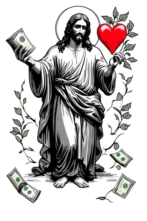 Jesus Christ Holding In His Hand A Roll Of Money And The Other A Heart