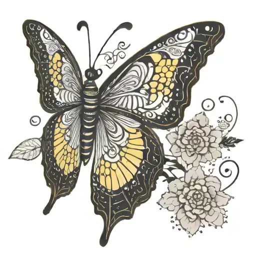 A Minimalist Black And White Outline Of A Yellow Butterfly With Intricate Dotwork Details