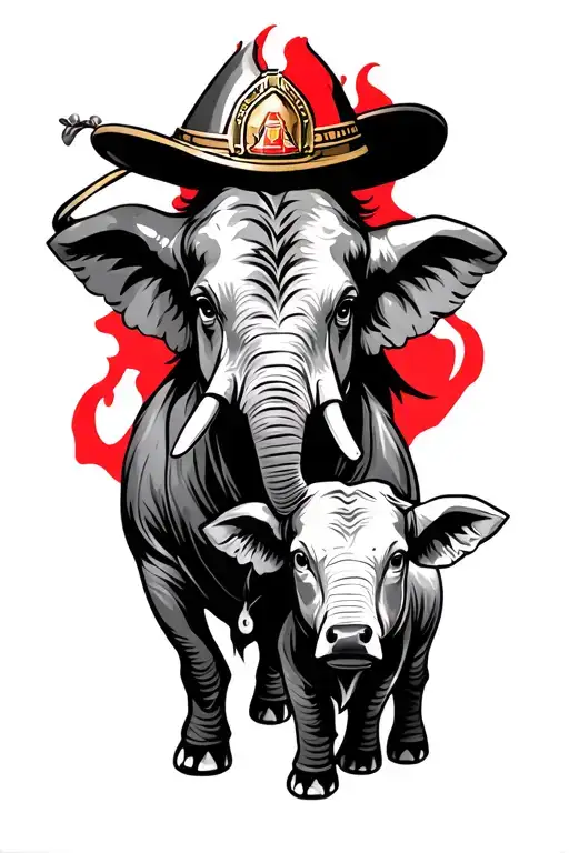 Tribal With Firefighter Red Stripe And Small Elephant And Small Highlander Cow