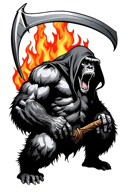 Howling Gorilla Reaper With Hood An Scythe With Flames Behind