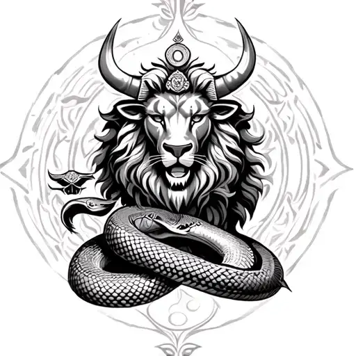 Lion And Bull And Snake With Trisul And Sudarshan Chakra And Gada