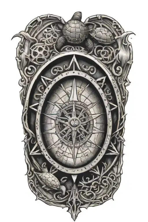 Compass Over A Turtle Shell With Music Notes And Cancer Survivor