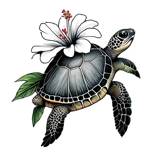 A Small Tattoo Of A Green Sea Turtle A Hibiscus And Plumeria Flower