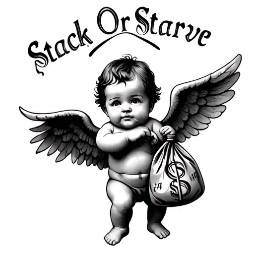 Baby Angel Holding Money Bag With Words Above Saying Stack Or Starve