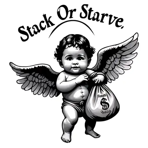 Chicano Baby Angel Holding Money Bag With Words Above Saying Stack Or Starve