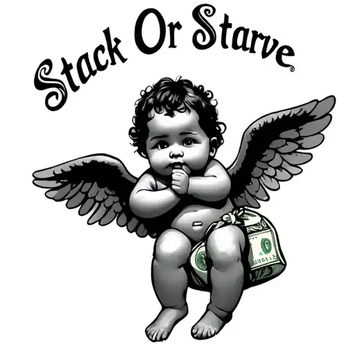 Chicano Baby Angel Laying On A Money Bag With Words Above Saying Stack Or Starve Horror Font
