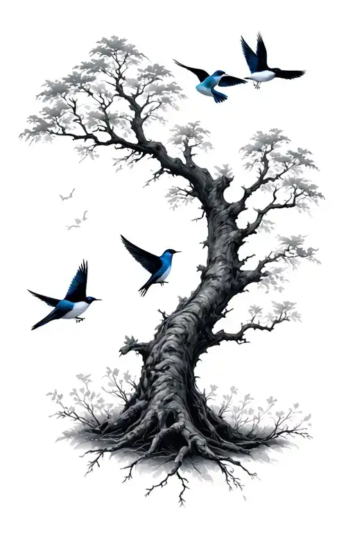 Tree And Swallows Sorrounding