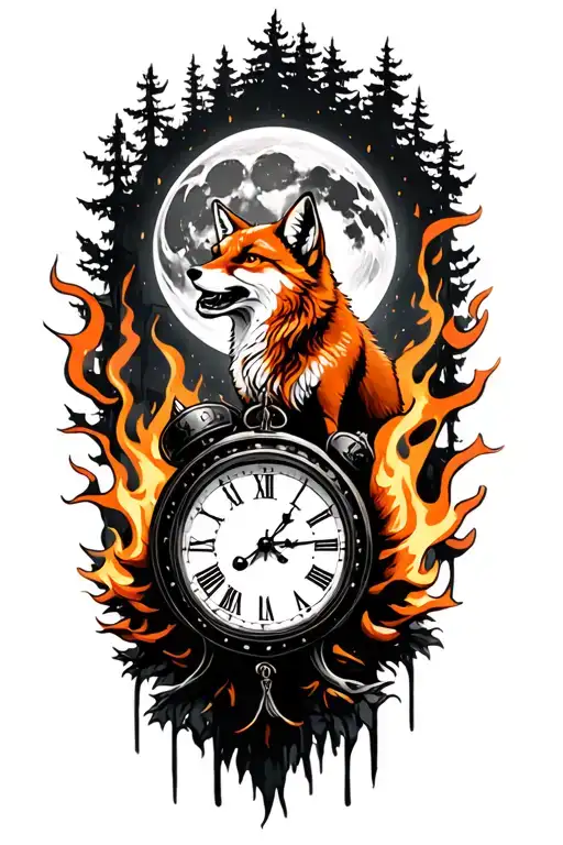 A Ginger Fox Howling At The Moon With The Hands Of A Clock On It In Burning Forest