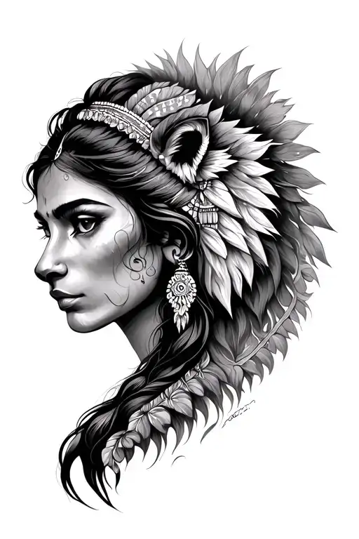 Half Indian Woman Half Lion Illustrative