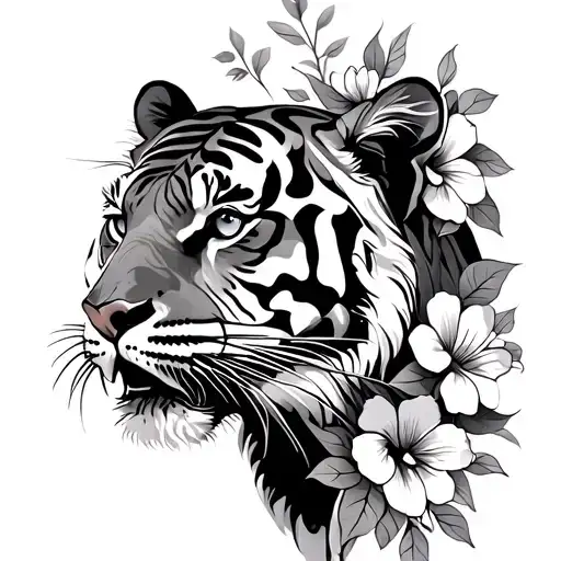 Tiger With Flowers In Graphics
