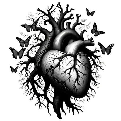 Anatomical Heart With A Large Tree And Butterflies Emerging From The Veins