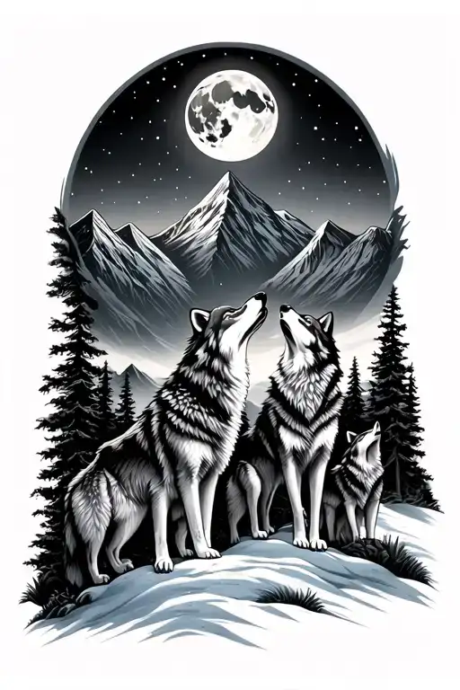 A Tattoo Of A Family Of Wolves Howling At The Moon In A Mountain Landscape