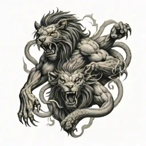 Demons Fighting A Lion Surrounded By Snakes
