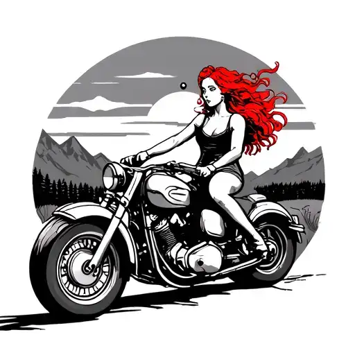 The Chariot Tattoo Card Red Head Girl On Motorbike Driving Into Sunset With Mountains In Background