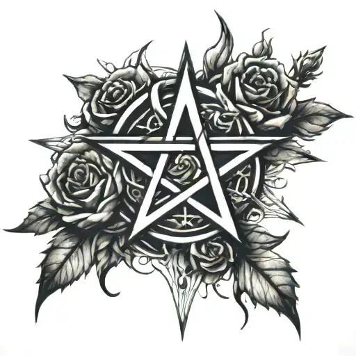 Pentagram Made Of Twisted Thorns And Dark Roses