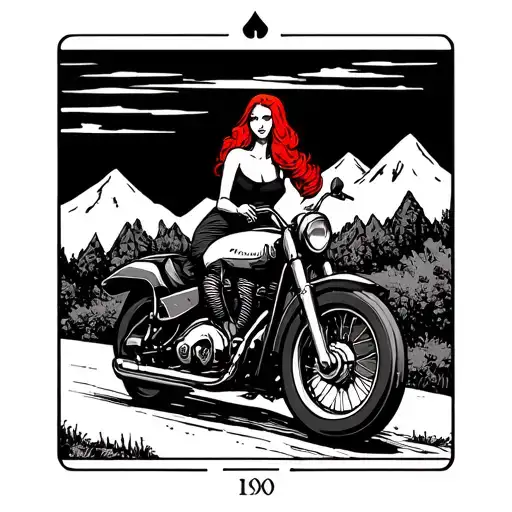 The Chariot Tarot Card Red Head Girl On Motorbike Driving Into Sunset With Mountains In Background