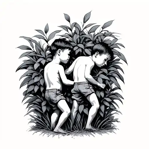 Two Little Boys Peeing In A Bush