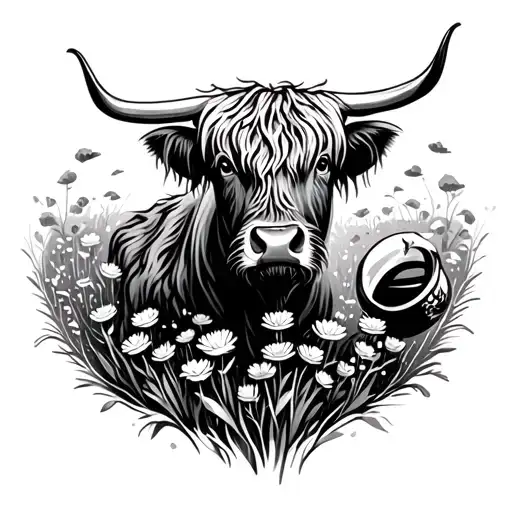 Highland Cow In Field Of Flowers Hitting A Bong