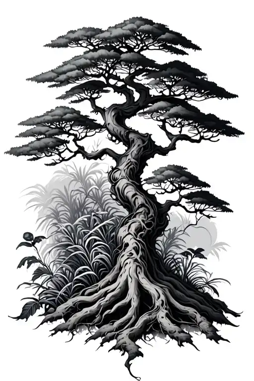 A Tattoo Design Of A Bonzai Tree Intertwined With Plants And Neon Accents