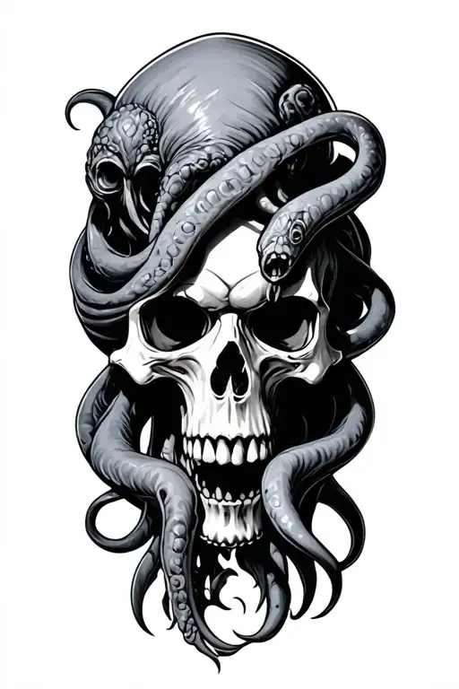 Cthulhu Wrapped Around Skull Surrounded