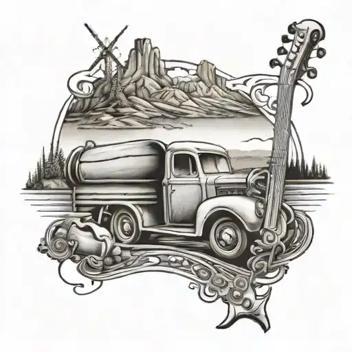 A Truck Driving Through A Scenic Landscape With Musical Instruments In The Background