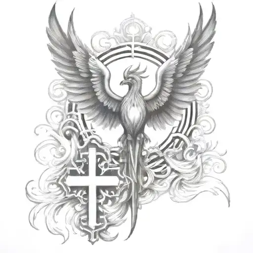 Phoenix Rising From Flames And Cross