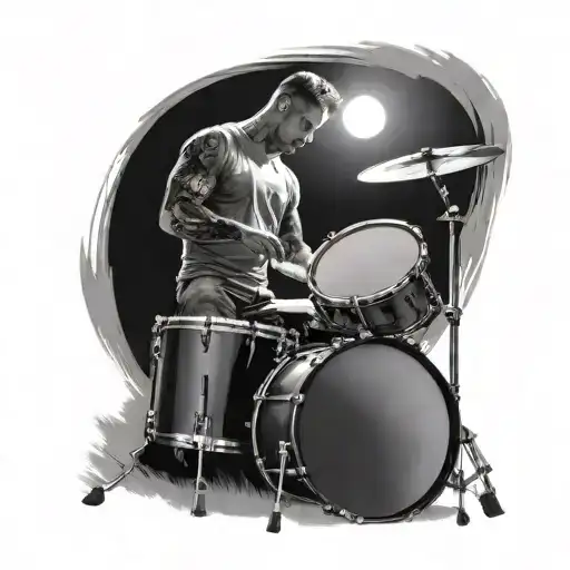 A Black And Grey Tattoo Of A Musician Playing The Drums With A Spotlight Shining Down On Them