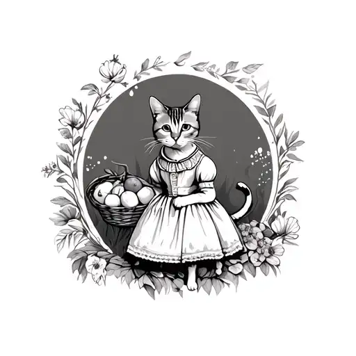 Cat Wearing An Old Fashioned Dress With A Basket Of Fruit Surrounded By Flowers And Nature