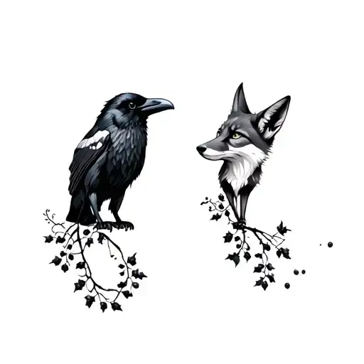 Raven And Fox With Ivy And Black Berries Vines