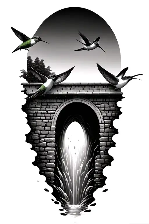 Three Hummingbirds Flying Above A Bridge With Water Beneath That Is Draining Into A Hole