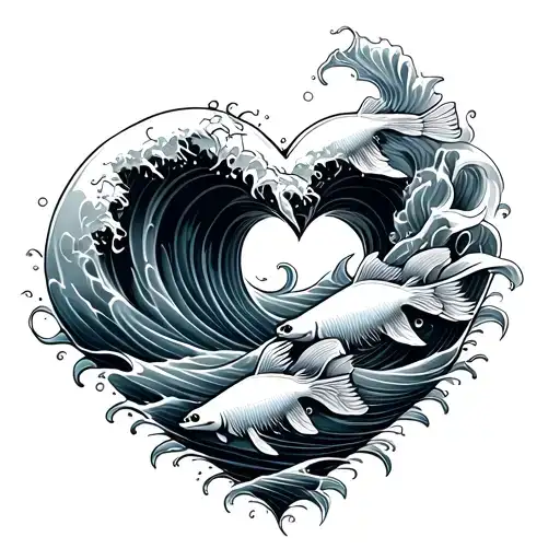 Ocean Wave Forming Heart With Fish