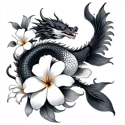 Plumeria Flowers W Koi Fish Swimming W A Traditional Japanese Dragon