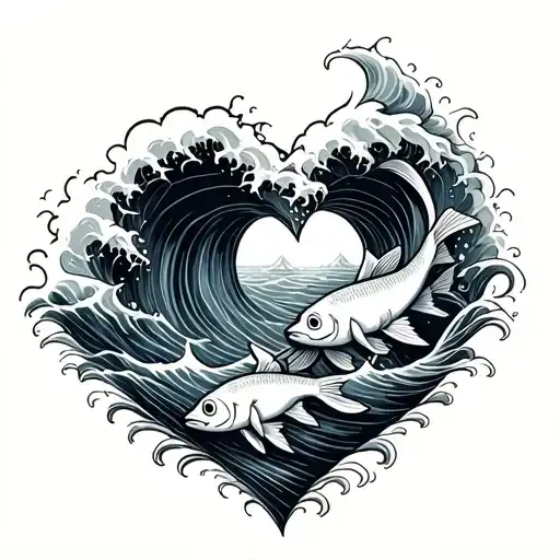 Ocean Wave Forming Heart With Fish As Symbol Of Christianity