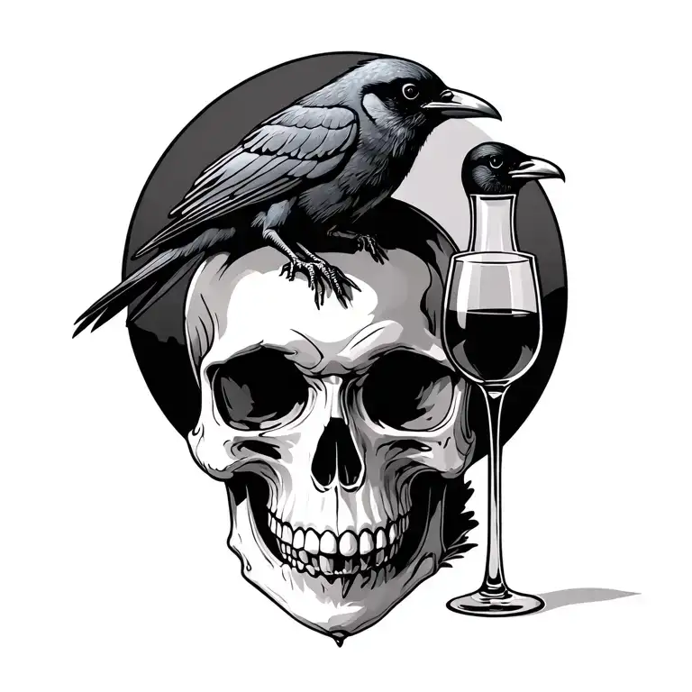 Skull With Wines And A Crow Sitting