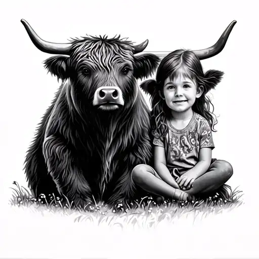 Bear And Highland Cow With Little Girl Sitting