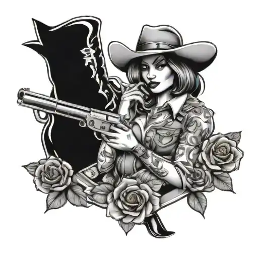 Sexy Cowgirl With Rose And Pistols