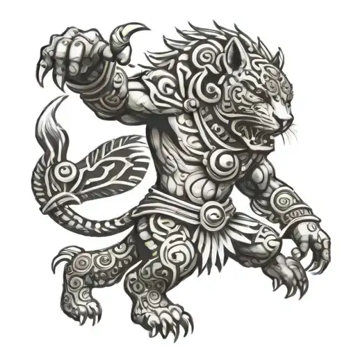 A Black-grey Tattoo Of A Fierce Aztec Jaguar Warrior In Battle Pose