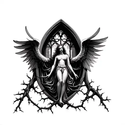Fallen Angel In Cathedral Window With Tree And Thorns