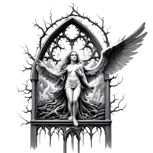Fallen Angel In Cathedral Window With Tree And Thorns With Fire