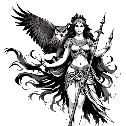 Athen Warrior Princess Holding Spear Above An Owl With Background Flowing