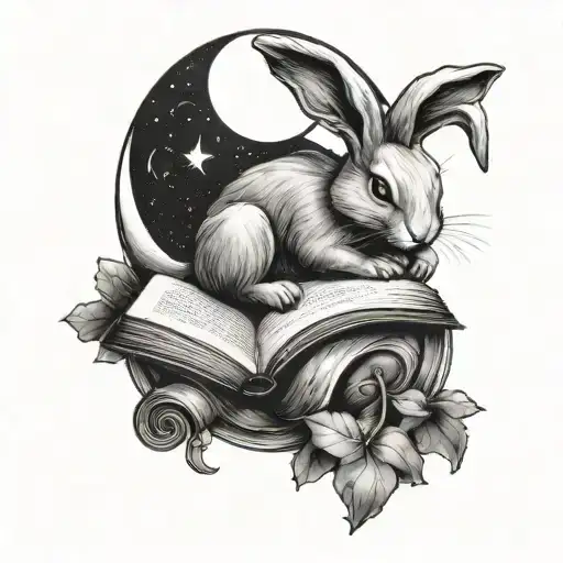 Rabbit Reading A Book While Sitting On A Crescent Moon